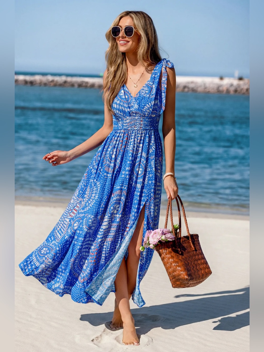 Cupshe ~ Blue & Pink Printed Tie-Strap Maxi Dress - NWT - L